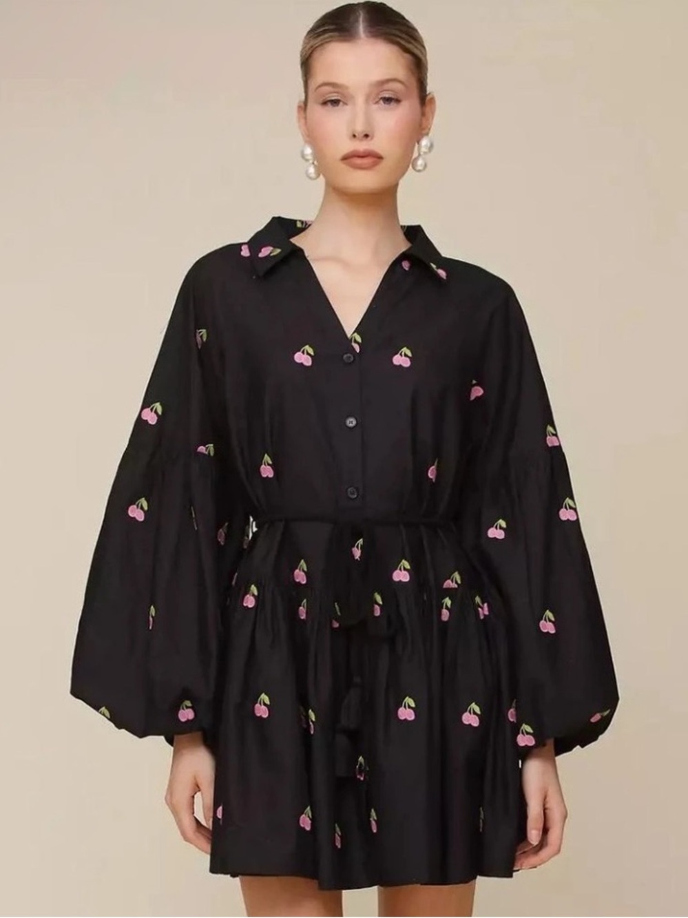 Avec Les Filles Cherry Embroidered Mini Shirt Dress Size 8 NWT Black Cotton
